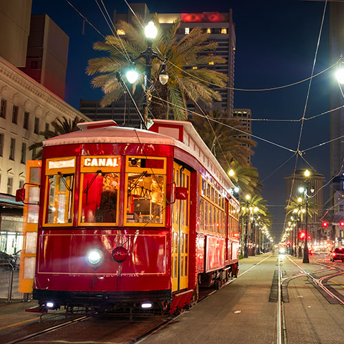 New Orleans trolley at french quarter main street at night