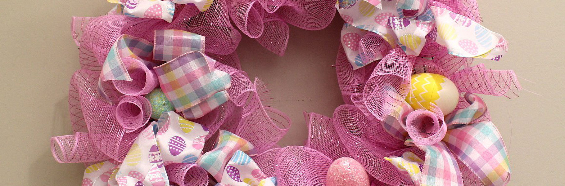 Pink easter wreath made from mesh ribbon