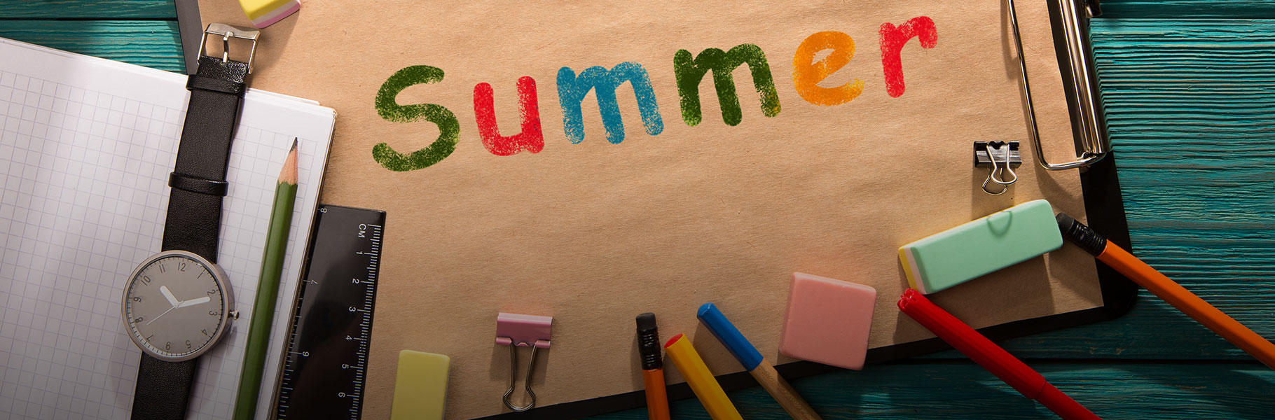 An array of childrens craft and school supplies